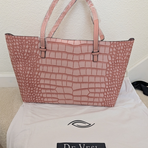 De Vesi Pink Crocodile Embossed Tote Bag - Picture 4 of 6